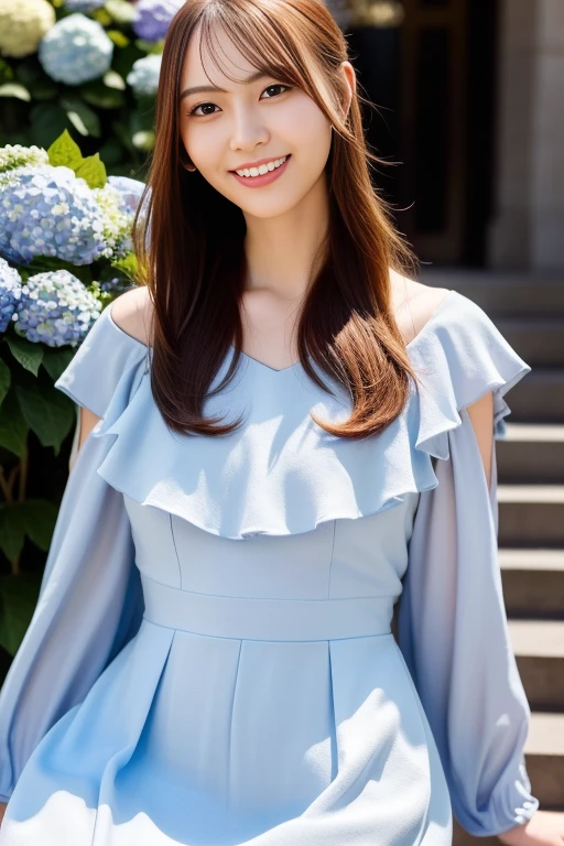1girl,(RAW photo, best quality), (realistic, photo-realistic:1.4), masterpiece, an extremely delicate and beautiful, extremely detailed, 2k wallpaper, Amazing, finely detail, extremely detailed CG unity 8k wallpaper, ultra-detailed, highres, soft light, beautiful detailed girl, extremely detailed eyes and face, beautiful detailed nose, beautiful detailed eyes,cinematic lighting,perfect anatomy,slender body
wearing a blue peplum dress,blue skirt,(bokeh:1.2)
at a shrine,tall stone stairs,(hydrangea flowers),cloudy
<lora:yumikinao_lora:0.8>,smile