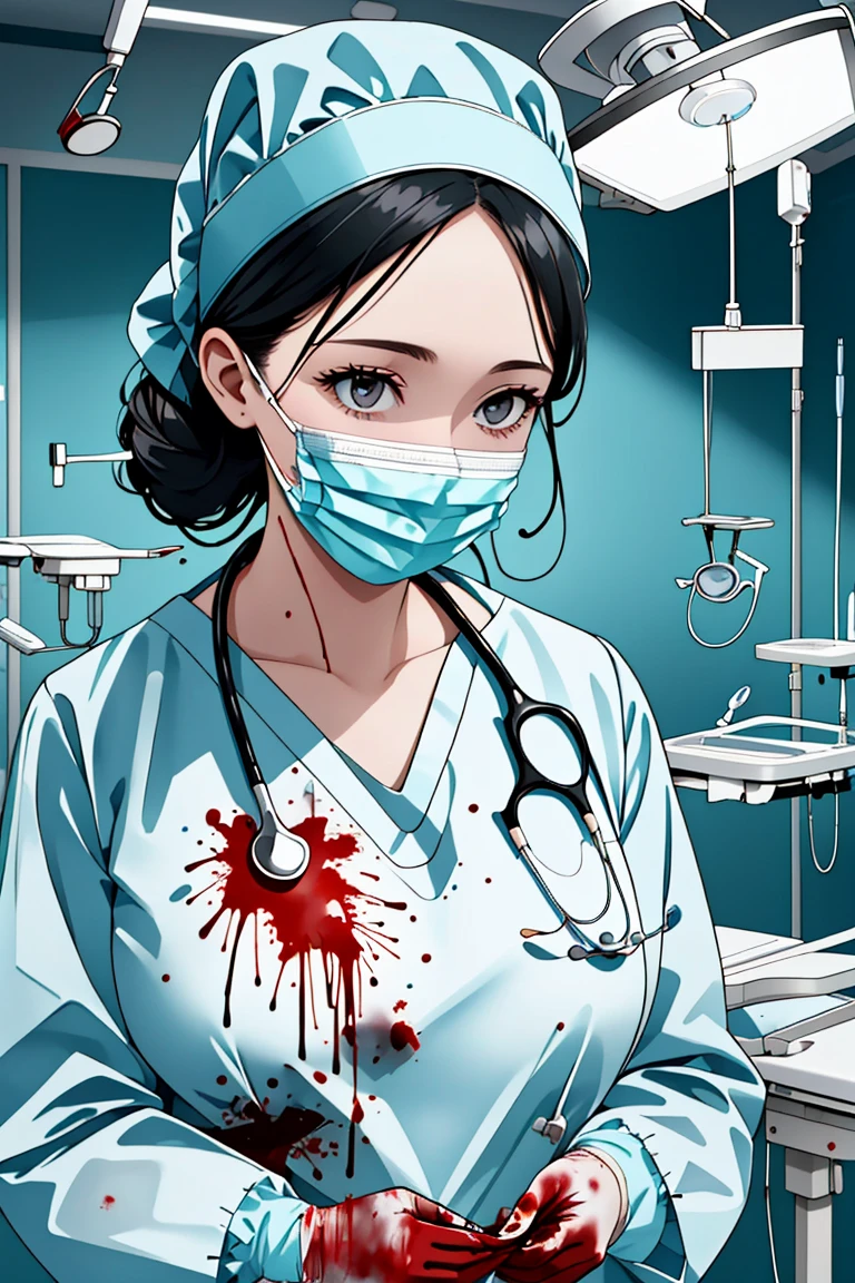 (RAW photo, best quality,facing the viewer,from front), operating room, overhead surgical light,blurred background, focused, dithering,backlighting,
 <lora:Doctor_Surgeon_Bloody_Uniform_V2.0:0.8> doctor_surgeon_uniform_bloody_a, 1girl, solo, gloves, blood, blood on clothes, surgical mask, stethoscope, doctor, looking at viewer, blood splatter,