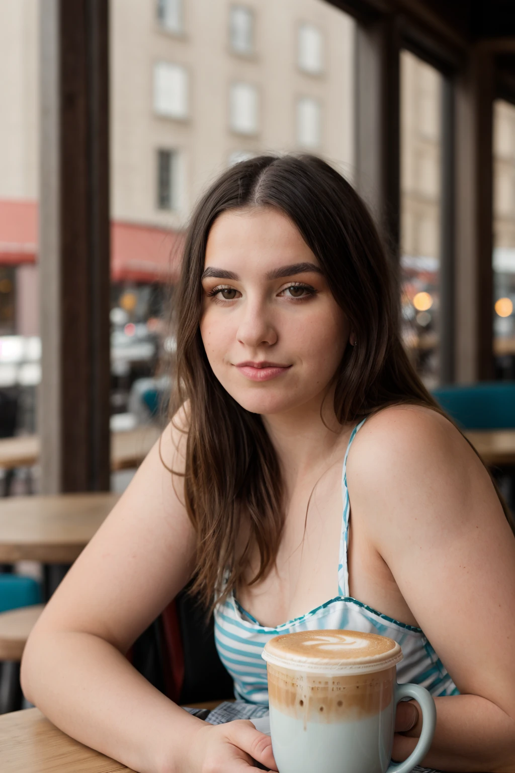 <lora:Sarah:0.8>,  full color portrait of a young woman, having coffee at a vintage cafe, natural light, RAW photo, subject, 8k uhd, dslr, soft lighting, high quality, film grain, Fujifilm XT3, Nikon D850