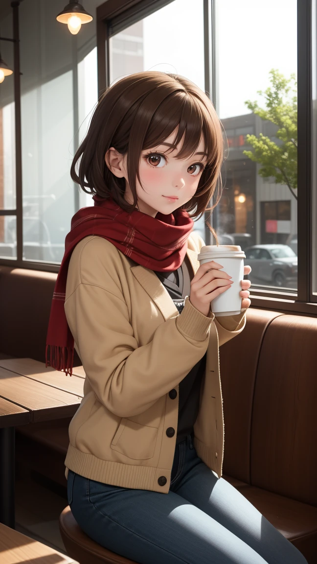 An anime high school girl in a cozy café, wearing a casual outfit with a scarf. Her hair is short and cute, and she holds a cup of coffee. The café is filled with warm lighting, wooden furniture, and a window view of the street.