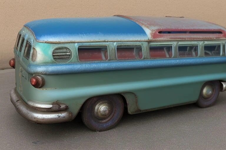 (photorealistic, 4k, 8k, uhd), a tintoycar, manufactured in 1950, <lora:Tin_Toy_Cars:0.8>, Greyhound Scenicruiser Bus, contures are lithographic print, scratches, dents, heavily used, chipped paint, faded plastic lights, background is a sand pit, <lora:loraAnalogOrdinary_loraFile:1>