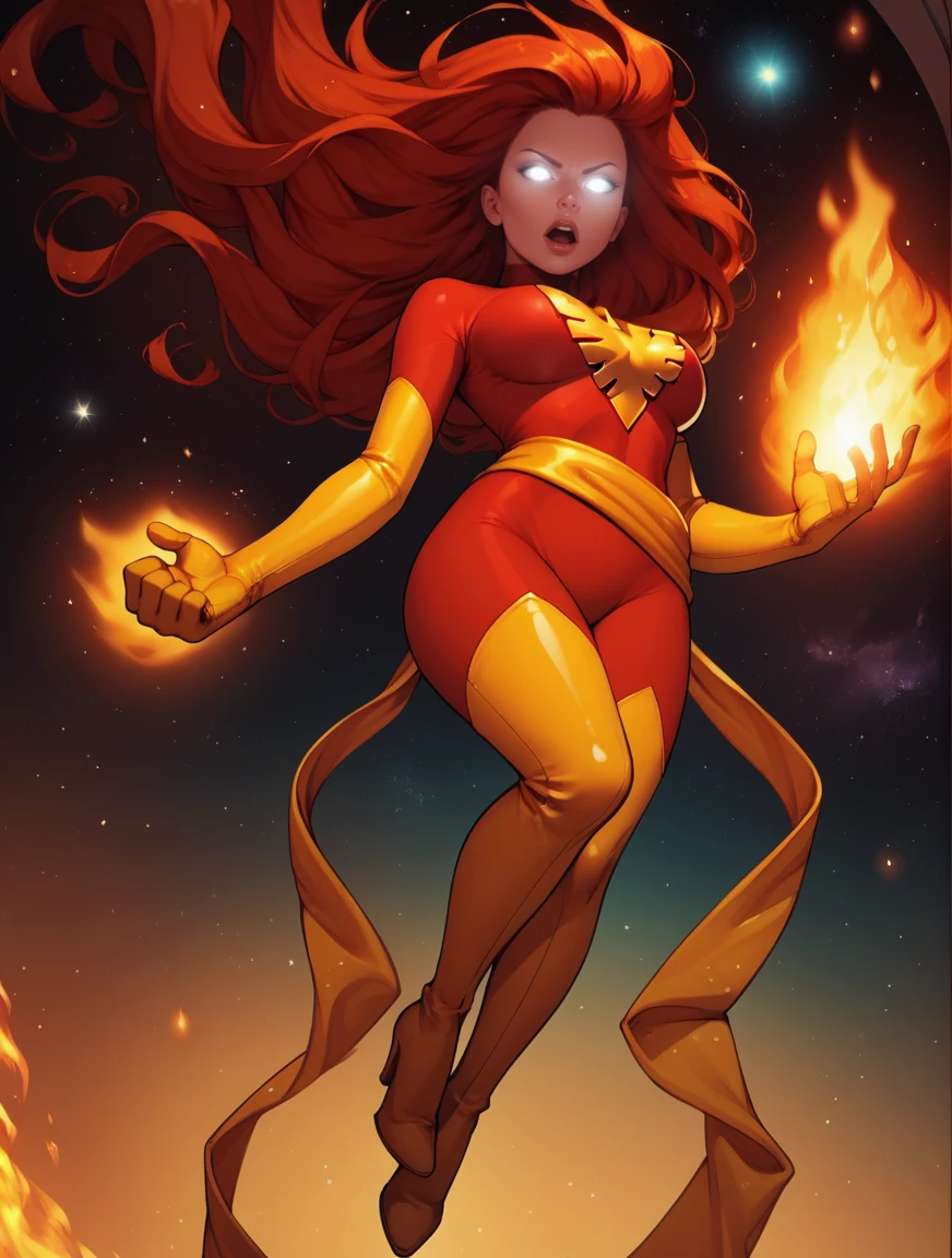 score_9, score_8_up, score_7_up,score_6_up, score_5_up, score_4_up , 1girl, solo,
large breasts,
DarkphoenixDG,
long hair, white eyes, red hair, glowing eyes, no pupils,
yellow sash, skin tight, multicolored bodysuit, red bodysuit, latex, yellow gloves, yellow footwear, high heel boots,
space, galaxy,
open mouth, half closed eyes,
light particles, magic, ((fire)), ((pyrokinesis)), swirling fire, surrounded by fire,
full body, floating hair, floating, flying, midair,
arms at sides, clenched hands,
from below,
looking at viewer,
<lora:Dark Phoenix DG PonyXL V1-000003:1>