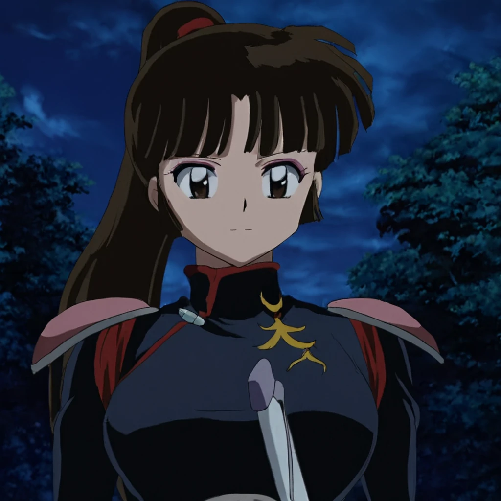<lora:SangoV2:1> Sango, 1girl, solo, closed mouth, brown eyes, brown hair, long hair, ponytail, makeup, bangs, breasts, armor, shoulder pads, sword, outdoors, night, sky, standing, looking at viewer, blush, anime coloring, retro artstyle