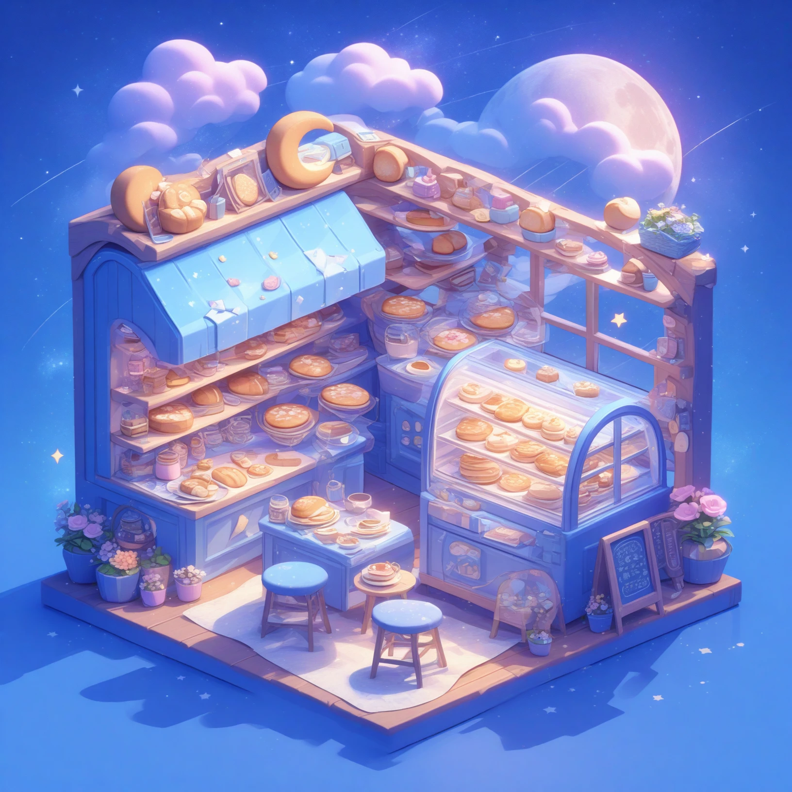 food, no humans, plate, flower, cloud, chair, stool, sky, table, bread, cake, window, moon, cookie, cup, refrigerator, shop, star \(sky\), scenery, fruit, star \(symbol\), night, jar, door, potted plant, crescent moon, shelf, pancake, plant, teapot, bottle, cake slice,<lora:youxichangjingXL:1>,