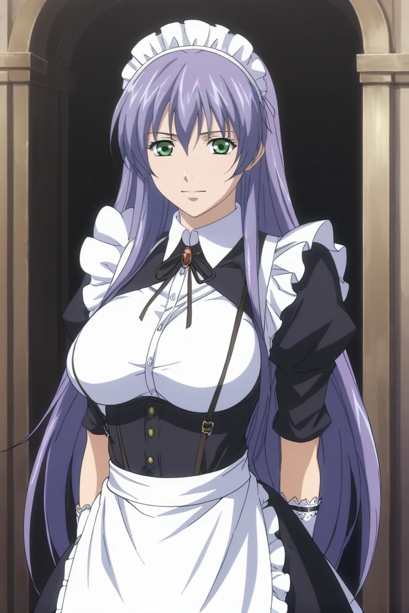 best quality,masterpiece,looking at viewer,absurdres,1girl,score_9,score_8_up,score_7_up,source_anime BREAK sasha,green eyes,purple hair,long hair,large breasts,<lora:033-å¥çç¥è¯LC-è¨æ²XLV2:0.8>,maid,suspenders,pantyhose,lace gloves