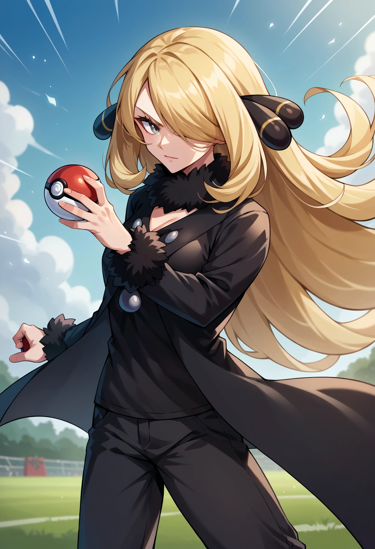 score_9, score_8_up,score_7_up, source_anime, rating_questionable, 1girl, solo, <lora:EPpkCynthia:1> EPpkCynthia, long hair, blonde hair, hair over one eye, grey eyes, black pants, fur trim, fur collar, black robe, black shirt, fur-trimmed sleeves, fur-trimmed robe, long sleeves, upper body, holding poke ball, poke ball \(basic\), field, outdoors, fighting stance, throwing, throwing poke ball,  one eye covered,