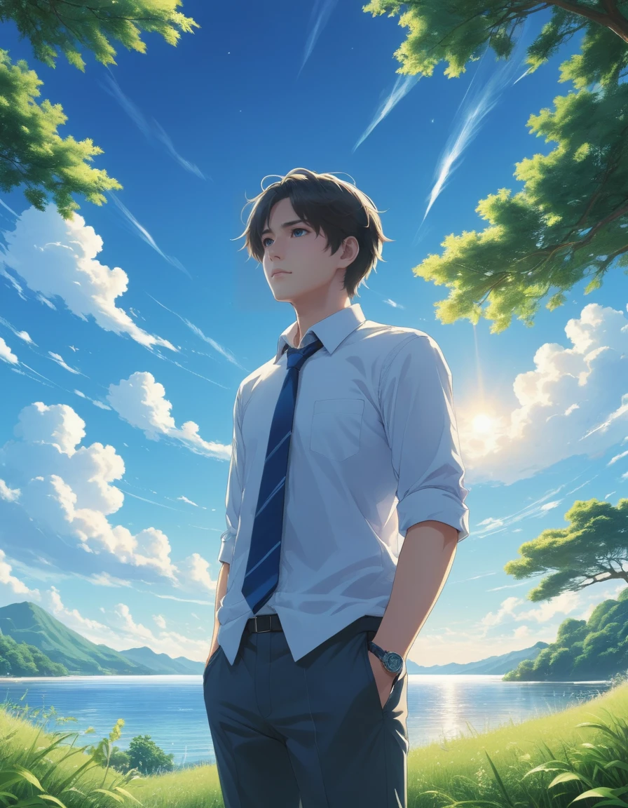 anime by Makoto Shinkai, gorgeous Scott Morrison, wearing alluring ral-ntrllscp, backgrounds, blue sky, anime poster, innocence, <lora:ral-ntrllscp:0.7>, surreal, very inspirational, ambient illumination, intense, vibrant, extremely rich detail, pure, dynamic background