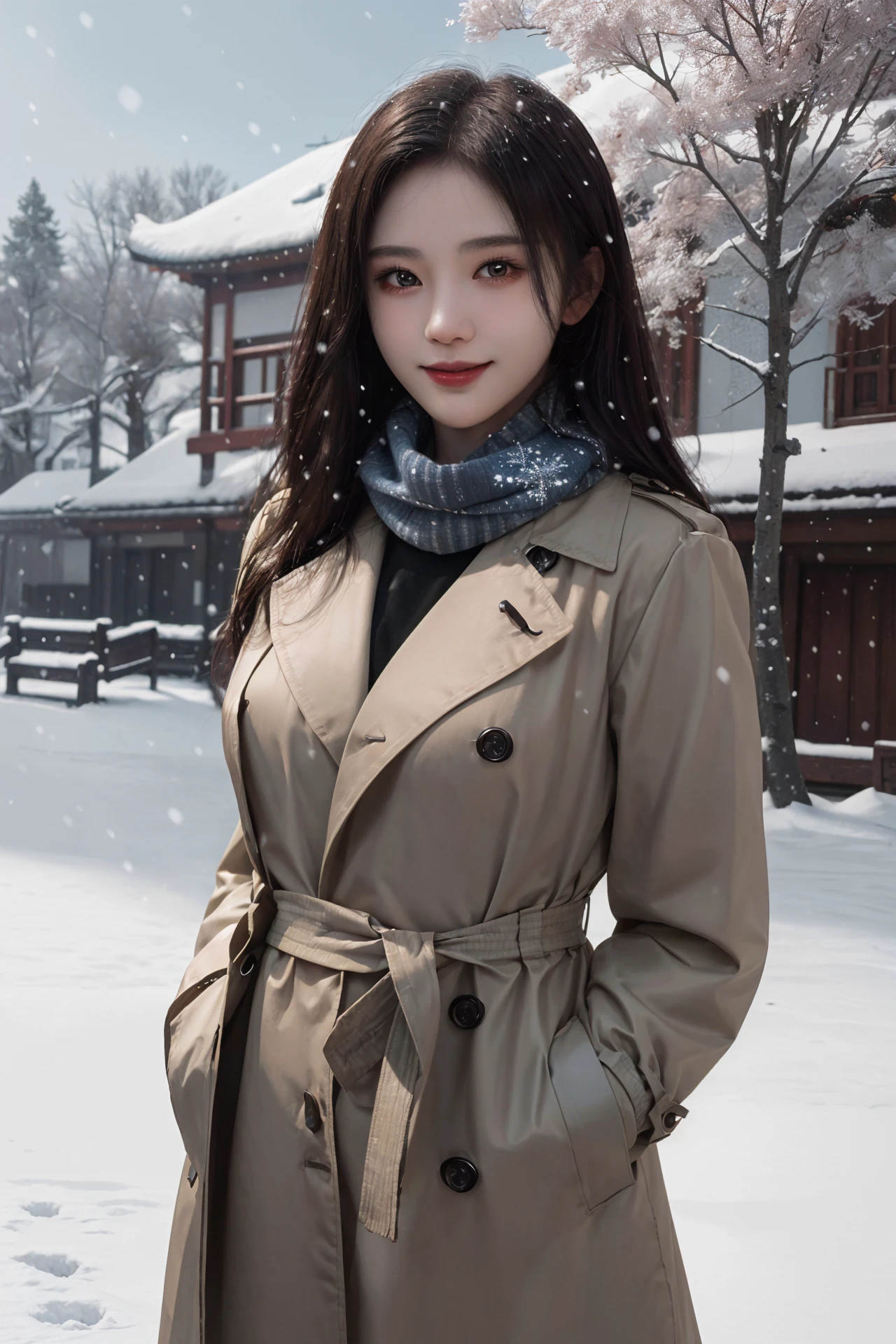 (4k, best quality, highres, absurdres, masterpiece:1.21), (realistic:1.331), detailed and intricate,
cinema light, (authentic skin texture:1.3),
1girl, perfect body, medium breasts, shiny skin,
light smile, arms behind back,
scarf, trench_coat,
chinese style architecture, snowing, snowflakes, winter, lamp,
<lora:add_detail:0.3>, <lora:girlslike_jjy1:0.7>