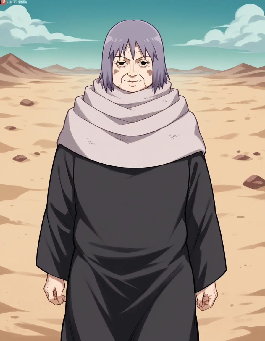 score_9, score_8_up, score_7_up, source_anime,
chiyobaasama, <lora:chiyobaasama-s1-ponyxl-lora-nochekaiser:1>,
chiyobaasama, old, old woman, wrinkled skin, short hair, purple hair, black eyes,
robe, scarf, long sleeves,
outdoors, desert, smile, sand,
cowboy shot, looking at viewer, solo, dutch angle,