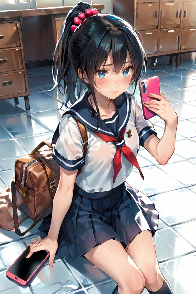 dsmile, 1girl, bag, black hair, blue eyes, blush, hair bobbles, hair ornament, phone, ponytail, sailor collar, school uniform, serafuku, short sleeves, skirt, solo, sweat, tile floor, tiles, <lora:DSmilebrite:0.7>