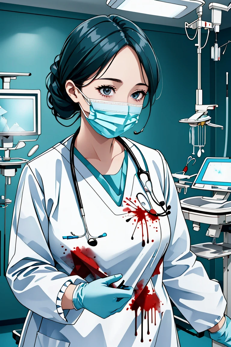 (RAW photo, best quality,facing the viewer,from front), operating room, overhead surgical light,blurred background, focused, dithering,backlighting,
 <lora:Doctor_Surgeon_Bloody_Uniform_V2.0:0.8> doctor_surgeon_uniform_bloody_a, 1girl, solo, gloves, blood, blood on clothes, surgical mask, stethoscope, doctor, looking at viewer, blood splatter,