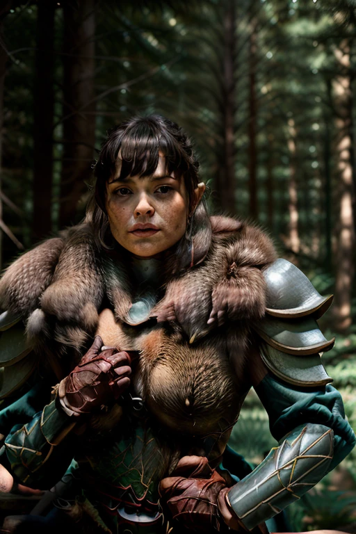 a Realistic portrait of a evandra woman with brown eyes , looking at the viewer, detailed face, detailed eyes, modelshoot style, wearing armor and a fur collar, soft lighting, professional Photography, Photorealistic, detailed, outdoors forest background, RAW, analog, sharp focus, 8k, HD, DSLR, high quality, Fujifilm XT3, film grain, award winning, masterpiece
<lora:evandra v1.1:1>