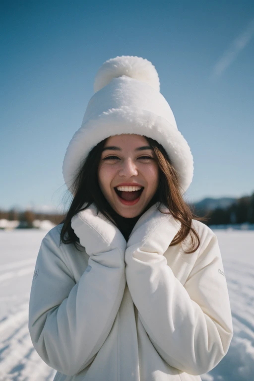 snow bunny, laughing, pretty, cute, tall, snowsuit, skiis, puffy jacket, winter hat, BREAK, ski slope, bright sunlight, vivid colors, BREAK, hdr, closeup, intricate details, hyperdetailed, cinematic, dark shot, muted colors, film grainy, soothing tones, muted colors, technicolor, (muddy:0.6)