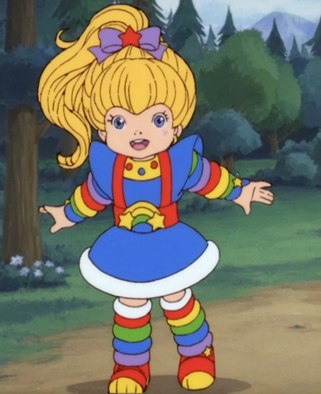 score_9, score_8_up, source_anime, highly detailed, BREAK, rainbow brite, (in a forest) running toward viewer, girl, <lora:Rainbow Brite:0.8>rainbow brite