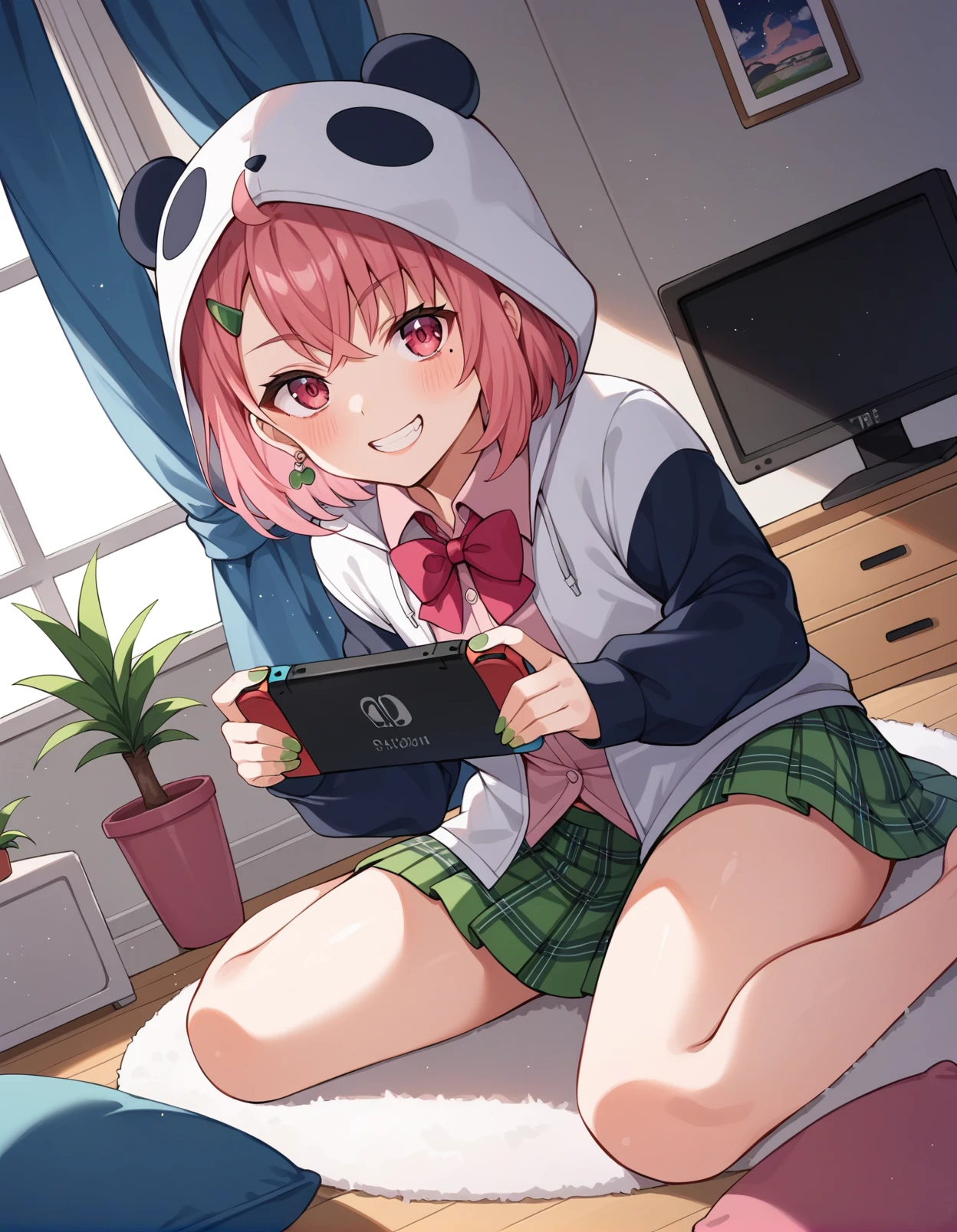 score_9, score_8_superior, score_7_superior, sauce_anime, evaluation_Safety, BREAK ササキポケット, One girl, Virtual YouTuber, Pink Hair, Multicolored Hair, short hair, Ahoge, Pink Eyes, Green Claws, Mole under the eye, Hair Clip, Earrings, Animal Food, Panda Food, hood superior, Two-tone jacket, White jacket, Black sleeves, Long sleeve, Collared shirt, Pink Shirt, Red bow tie, Checked skirt, Green Skirt, Sitting, Grin, Nintendo Switch, Playing games, View your viewers, In-person audience, Dutch Angle, Particles of light, carpet, cushion, tv set, Potted plants, window, window shade, curtain, blue sky, cloud, sunlight、(masterpiece、Highest quality、High resolution、Ultra-high-definition CG、8k size wallpaper, super detailed skin, detailed, beautiful detailed eyes), BREAK, ass pov, sit astride, girl on top, focus pussy, black hair, drop eyes, student, BREAK, Sex:1.5, pussy juice:1.5, ((smile)), cum pussy:1.9, , BREAK, Shopping mall, pussy in small penis, erectile nipples, Put your hands forward, peeing, Phimosis, Round eyes、Terribly violent sex acts、((Medium chest))、A large amount of bodily fluids splashing、BREAK、small penis, Live-action background、