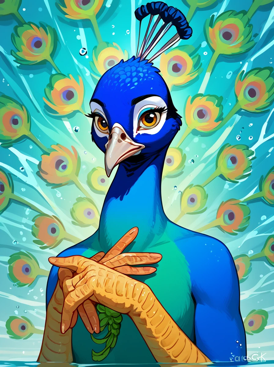 score_9, score_8_up, score_7_up, zPDXL2, <lora:PeacockV2:1>, peacock, beak, 
1girl, cute face, detailed eyes, blue skin, colorful feathers, naked, nude, swimming underwater