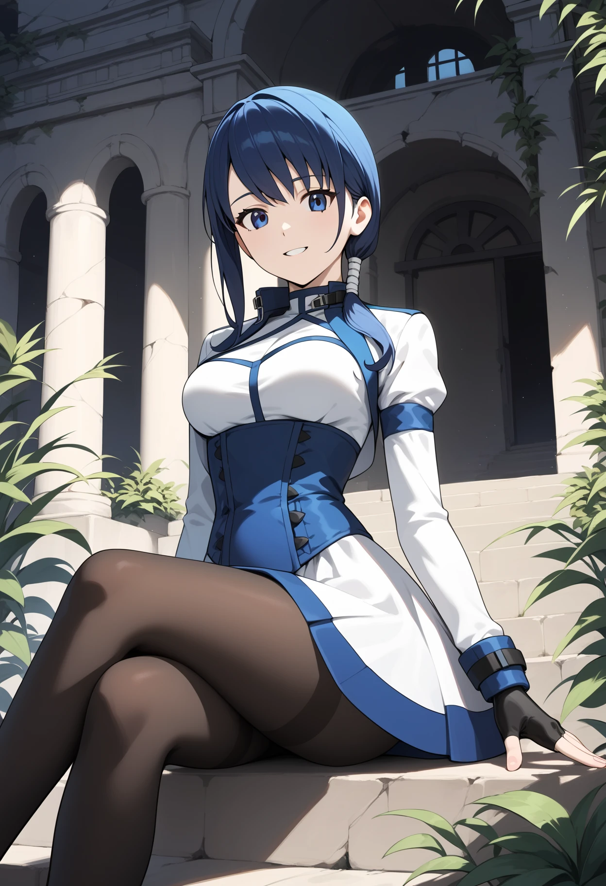 score_9, score_8_up, score_7_up, score_6_up, score_5_up, score_4_up, source_anime, aamerry, long hair, low ponytail, blue hair, blue eyes, white dress, long sleeves, fingerless gloves, black gloves, underbust, black pantyhose, <lora:merry_(grimgar)_ponyxl_v1:0.9>, smile, ruins, suitting, crossed legs,