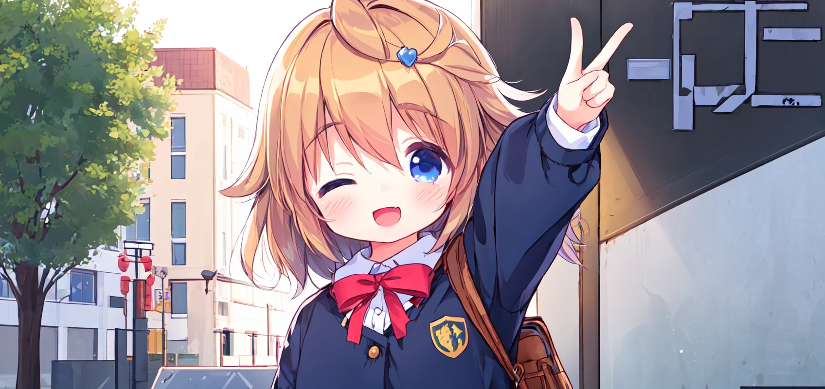 qiandaolizi,1girl,solo,kawaii,
student uniform,bag,blush,
in the outdoor,face_focus,front view,looking_at_viewer,
extending a single arm,<lora:qiandaolizi_v2.0-000014:0.7>,kind_smile,open mouth,smile,v,single blink,stretch out 1 arms to make the victory gesture,, (masterpiece, best quality,:1.2)