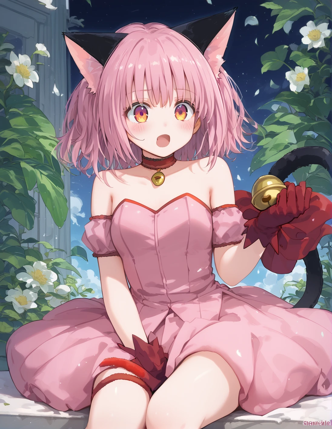 score_9, score_8_up, score_7_up, best quality, masterpiece, 4k, uncensored, prefect lighting, rating_explicit, very aesthetic, anime ,absurdres ,zPDXL, zPDXLpg,1girl, solo, <lora:sdxl-lyco-mew_ichigo-original-ponyDiffusionV6XL-v2:1>, mew_ichigo, tail bow, gloves, cat tail, red gloves, tail bell, choker, detached sleeves,pink dress, strapless, ,sitting , ,blush, open mouth, BREAK on a film set