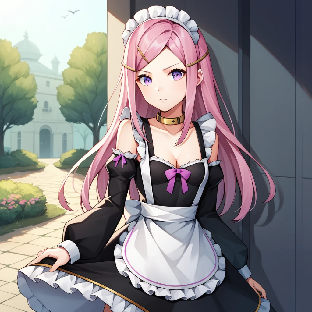 <lora:Anemone - Eureka Seven-000005:0.9>, 1girl, solo, AnemoneE7, long hair, pink hair, purple eyes, hair ornament, hairclip, collar, choker, neck ring, bare shoulders , black dress, cleavage, closed mouth, cowboy shot, detached sleeves, frown, juliet sleeves, small breasts, long sleeves, maid, maid headdress, pink ribbon, puffy sleeves, ribbon, roswaal mansion maid uniform, white dress, x hair ornament, standing, outdoors, score_9, score_8_up, score_7_up, score_6_up, score_5_up, score_4_up, source_anime