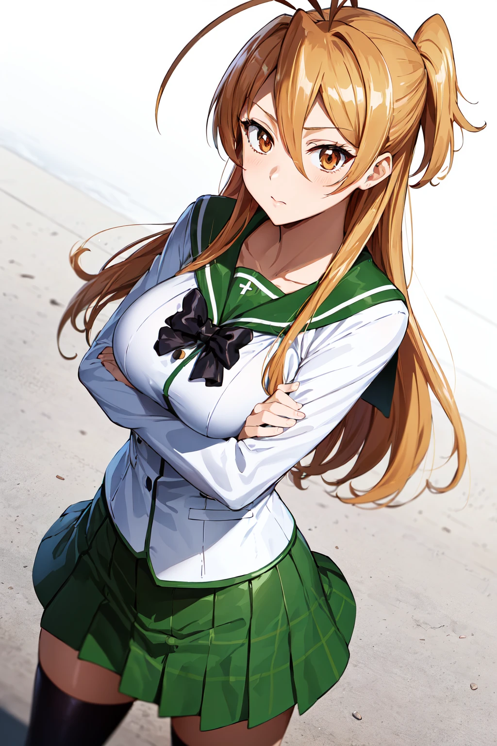 masterpiece, best quality, highres, 1girl, solo, long hair, brown hair, antenna hair, brown eyes, school uniform, green sailor collar, black bowtie, white shirt, long sleeves, pleated skirt, green skirt, black thighhighs, <lora:miyamoto_rei_v1:0.7>, crossed arms, from above, standing, cowboy shot, street