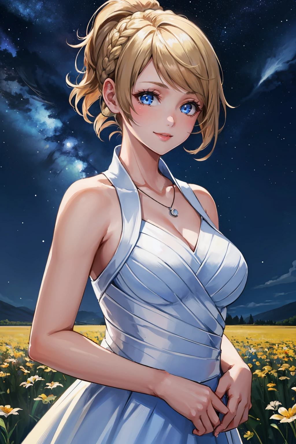 masterpiece, best quality, 1girl, <lora:lunafreya-nvwls-v1-000009:0.9> lunafreya, braid, ponytail, necklace, white dress, sleeveless dress, long dress, looking at viewer, night sky, field, smile, upper body, large breasts