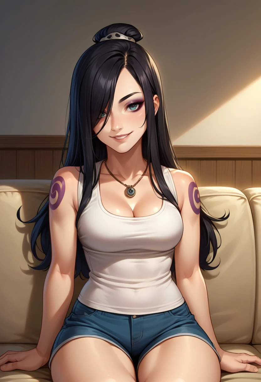 score_9, score_8_up, source_anime, 1girl, solo, JuneAvatar, makeup, shoulder tattoo, black hair, hair over one eye, long hair, topknot, tank top, cleavage, necklace, sleeveless, shorts, smile, indoors, sitting, on couch, <lora:ChamJunePonyXL:1>
