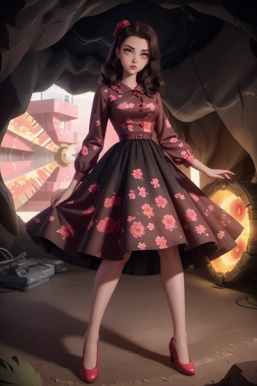 1950s Fashion, 1950sfloraldress, professional 3d model of 24yo female in Red floral print dress, clothing details, (shoes), (posing), ((dark brown)) hair, 4k, 8k, high quality, perfect lighting, detailed face and detailed eyes, skin detail,  solo focus, ((cave)),  clean smooth skin, looking at camera, detailed eyes, pretty face, full body posing, hands, (Mia Talerico,Mika Boorem,Veronica Dunne as 24yo female:0.8), <lora:1950sfloraldress-000002:0.75>, pixar cartoon