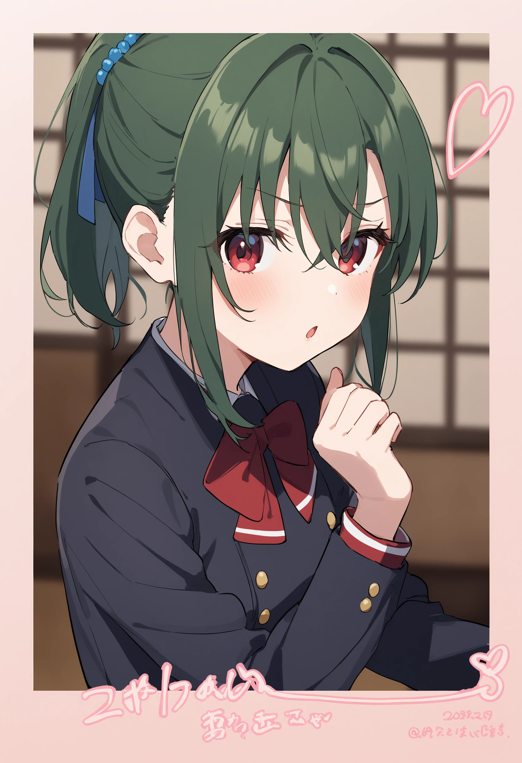 1girl,sincos, ningen mame, toosaka asagi,solo,medium breasts,school uniform,
polaroid, border, english text, character name, dated, artist name, signature,heart, twitter username,<lora:polaroid_XL_v1:0.8>
from side, portrait, looking away, green hair, red eyes,dark persona, tea ceremony room, open mouth, half updo hair,,
best quality, very aesthetic, absurdres