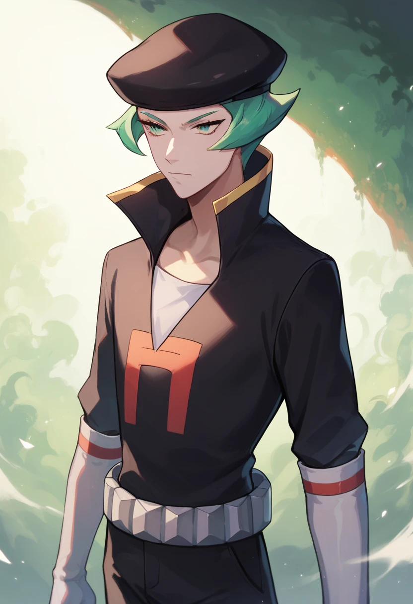 score_9, score_8_up, score_7_up, masterpiece, best quality, amazing quality, best aesthetic, absurdres, intricate details, proton_pokemon, green hair, green eyes, black hat, black jacket, black pants, white gloves, white boots, white belt,score_6_up<lora:EMS-382835-EMS:1.000000>