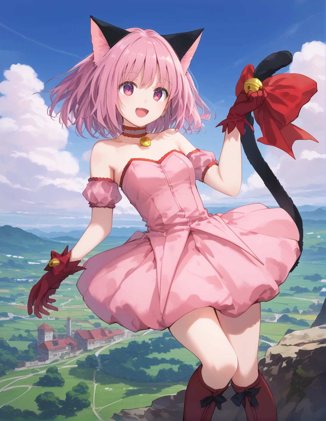 score_9, score_8_up, score_7_up, best quality, masterpiece, 4k, uncensored, prefect lighting, rating_explicit, very aesthetic, anime ,absurdres ,zPDXL, zPDXLpg,1girl, solo, <lora:sdxl-lyco-mew_ichigo-original-ponyDiffusionV6XL-v2:1>, mew_ichigo, tail bow, gloves, cat tail, red gloves, tail bell, choker, detached sleeves,pink dress, strapless, ,relaxed posture, elbows extended, standing , ,smile, open mouth, BREAK on a cliff