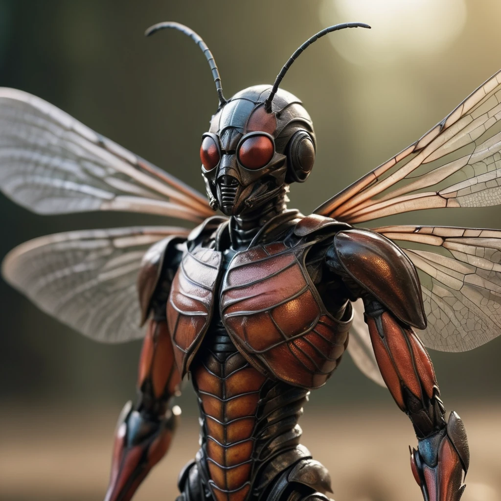 A Humanoid bug Warrior with realistic Insect wings, Bugwing, blurry background, epic cinematic lighting, <lora:Realistic_Bug_Wing_XL:1>