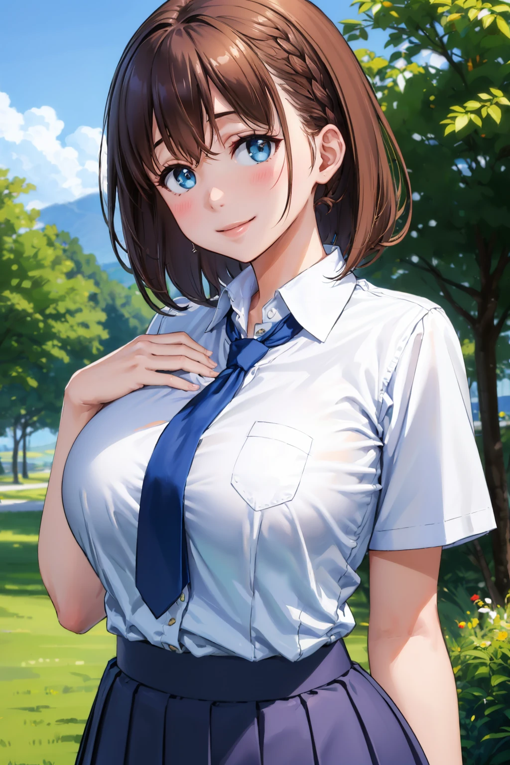 masterpiece, best quality, 1girl, <lora:aichan-nvwls-v1-000008:0.9> aichan, braid, white shirt, collared shirt, short sleeves, blue necktie, blue skirt, pleated skirt, large breasts, looking at viewer, smile, blue sky, tree, upper body