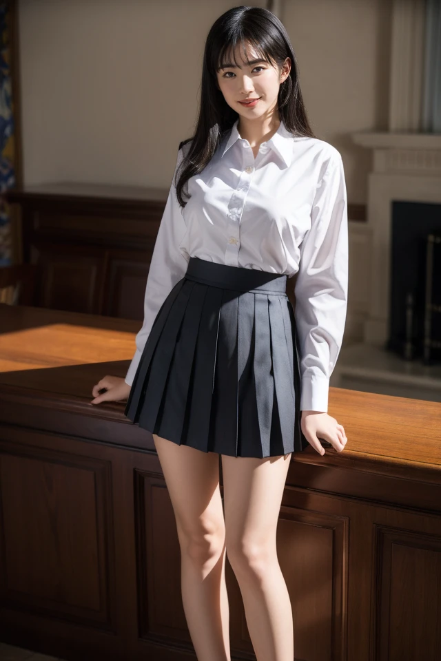 1girl,solo,skirt,shirt,ribbon,white shirt,pleated skirt,looking at viewer,collared shirt,long sleeves,blue skirt,depth of field,
realistic,photo background,looking at viewer,smile,indoors,
looking at viewer,best quality,masterpiece,illustration,an extremely delicate and beautiful,CG,unity,8k wallpaper,Amazing,finely detail,masterpiece,official art,extremely detailed CG unity 8k wallpaper,incredibly absurdres,huge filesize,ultra-detailed,highres,extremely detailed,realistic,,<lora:Coco_20240531003419:0.8>