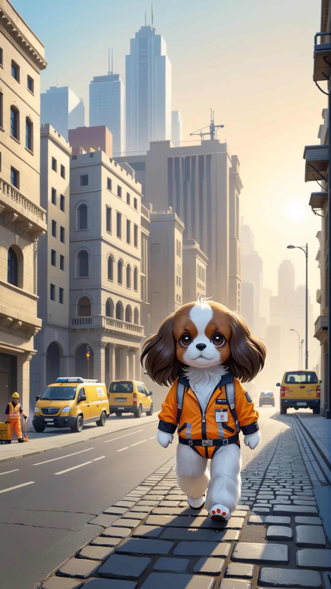 surreal supernatural fantasy illustration showing an (anthropomorphic:1.2) ( (brown:1.2)-(white:0.7) Phalene continental toy spaniel:1.2) wearing a construction worker's outfit and walking by the street (standing on rear legs:1.2) toward ancient treasury or bank, dimmed morning light, modern cozy city in background
BREAK frontal light, flat digital illustration, (trending on deviantart:0.6), cartoon with thin sharp outlines
BREAK NOBLEDOGS_CTS <lora:NOBLEDOGS_CTS-000018:0.33> NOBLEDOGS_CKCS <lora:Noble_Dogs_XL_CKCS_E27:0.13>