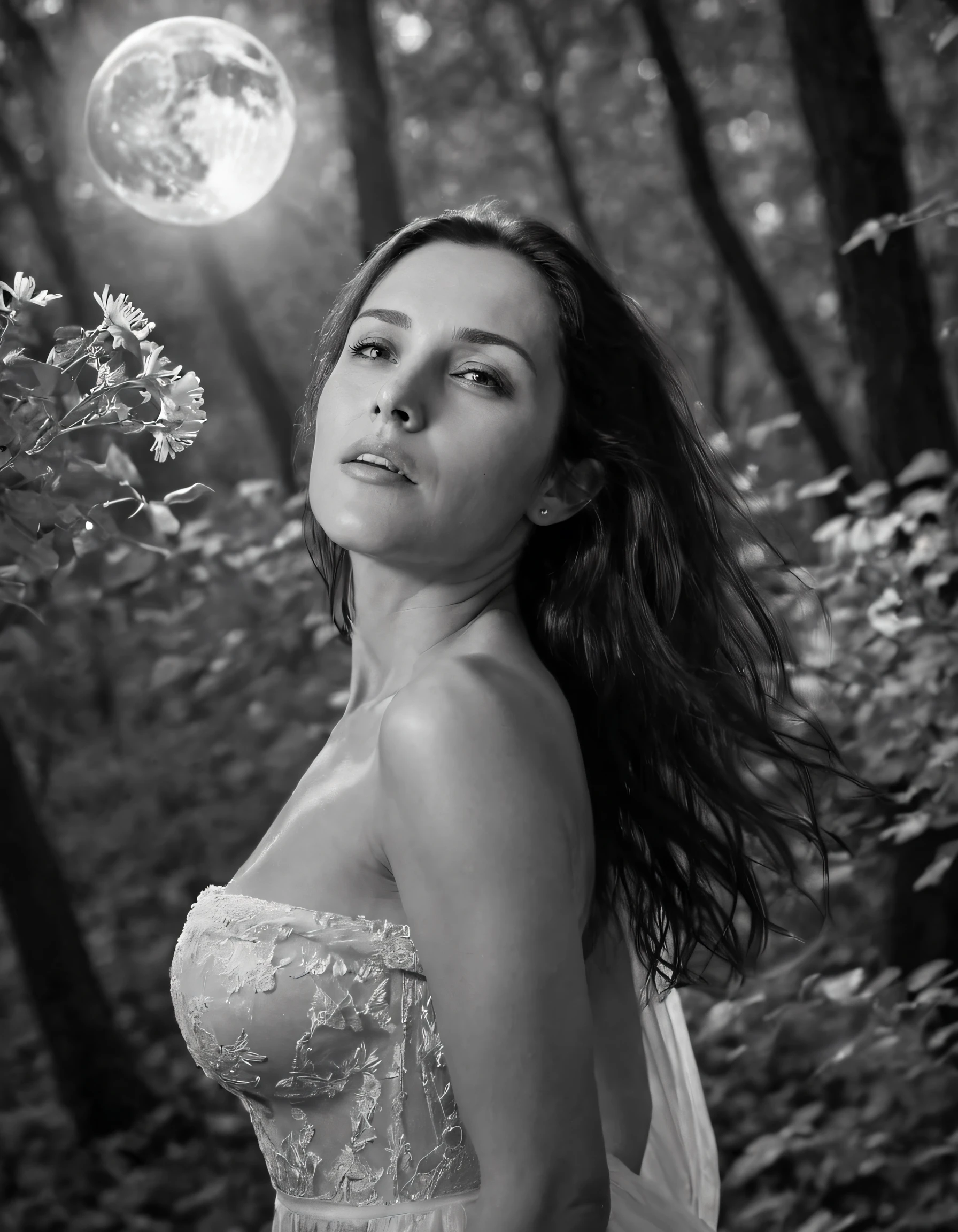 In the soft glow of twilight, Solo girl named Sara, withbronwonderful brown eyes, is captured in a captivating realistic black-and-white photograph. She's nestled amidst a lush emeraldgreen forest, her flowing ivory gown billowing gently around her, as if it's dancing with the whispers of wind. Her long raven hair cascades waterfall down back, veiling one shoulder in enigmatic pose that hints at both vulnerability and strength.The camera angle positioned slightly above to accentuateth emajustly majesty setting, captures she's her profile, her lips parted ever so slightly, as if she's on brink of a secret confession. A solitary, full moon hangs low in sky, casting silvery light upon her face, creating halookeffect that underscores her ethereal beauty. The background filled with shadows of towering trees, their gnarled branches reaching out like protective arms, while the ground beneath feet is carpeted with myriad multitude wildflowers in bloom flowers, their vibrant colors stark against monochromatic scene. Entire entire tableau exudes air mystery enchantment, as if she's stepped straight from fairytale tale and into our world, leaving us breathlessand wondering about her story. <lora:qlhokt18fc46c5994j4d9:1>