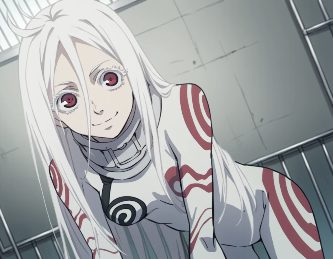 score_9, score_8_up, score_7_up, source_anime,
deadmanshiro, <lora:deadman-wonderland-shiro-s1-ponyxl-lora-nochekaiser:1>,
deadman shiro, albino, hair between eyes, long hair, red eyes, white hair,
bodysuit, collar, skin tight,
indoors, smile, prison, bent over,
cowboy shot, looking at viewer, solo, dutch angle,
