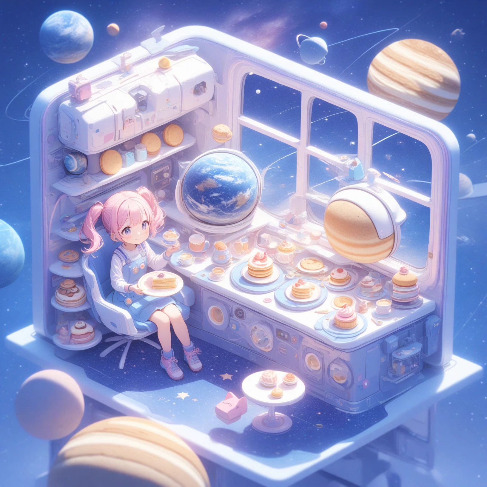 1girl, food, pancake, plate, cake, planet, solo, pink hair, space, chair, star \(symbol\), star \(sky\), cookie, smile, sitting, cup, cupcake, fork, window, spacecraft, table, teacup, twintails, cat, blush, indoors,<lora:youxichangjingXL:1>,