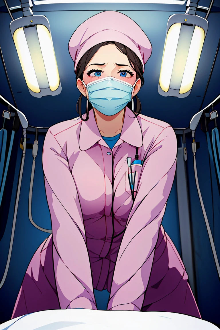 (RAW photo, best quality,facing the viewer,from front), operating room, overhead surgical light,blurred background, focused, dithering,backlighting,
 <lora:Doctor_CPR_ALT_V2.0:0.8> doctor_cpr_alt, 1girl,solo, surgical mask, pov, looking at viewer, blush, hat,