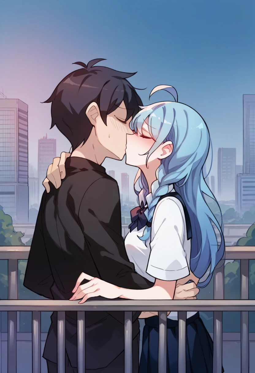 score_9,score_8_up,score_7_up,
1boy,1girl,
long hair,twin braids,blue hair,u.a._school_uniform,ahoge,
imminent_kiss,flustered,eyes_closed,size_difference,
handrail,
<lora:DOPL_01-40:1.2>,cityscape,skyscraper,