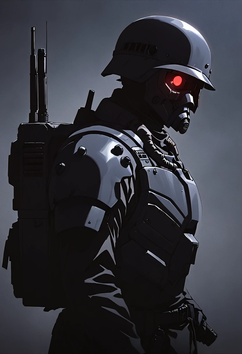 jin-roh!,cowboy shot,red eyes,no pupils,dark,shade,no reflection,backpack,radio antenna,strong,
<lora:RINJOH:1>,<lora:zavy-cntrst-sdxl:1.8>,simple background,from side,holding gun,, cinematic light,masterpiece,best quality,very aesthetic,absurdres,incredibly absurdres,<lora:add_detail:1>,explit,NSFW,