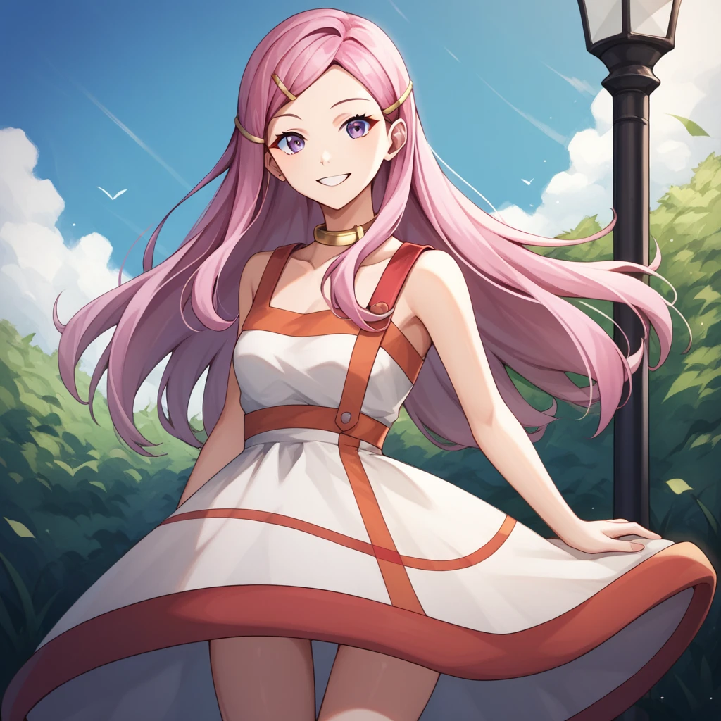 <lora:Anemone - Eureka Seven-000005:1>, 1girl, solo, AnemoneE7, long hair, pink hair, purple eyes, hair ornament, hairclip, collar, choker, neck ring "white dress,single vertical stripe", standing, cowboy shot, smile, outdoors, score_9, score_8_up, score_7_up, score_6_up, score_5_up, score_4_up, source_anime