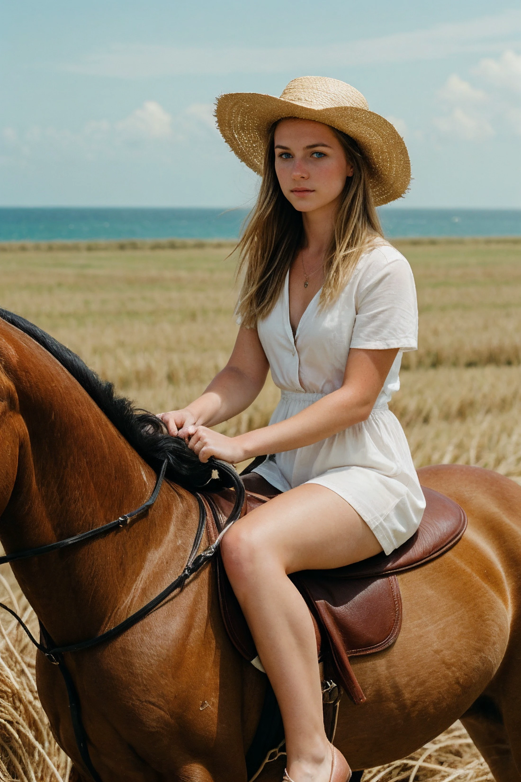 RAW photo, film grain, (young woman), blonde hair, blue eyes, riding horse, straw hat, field, ocean