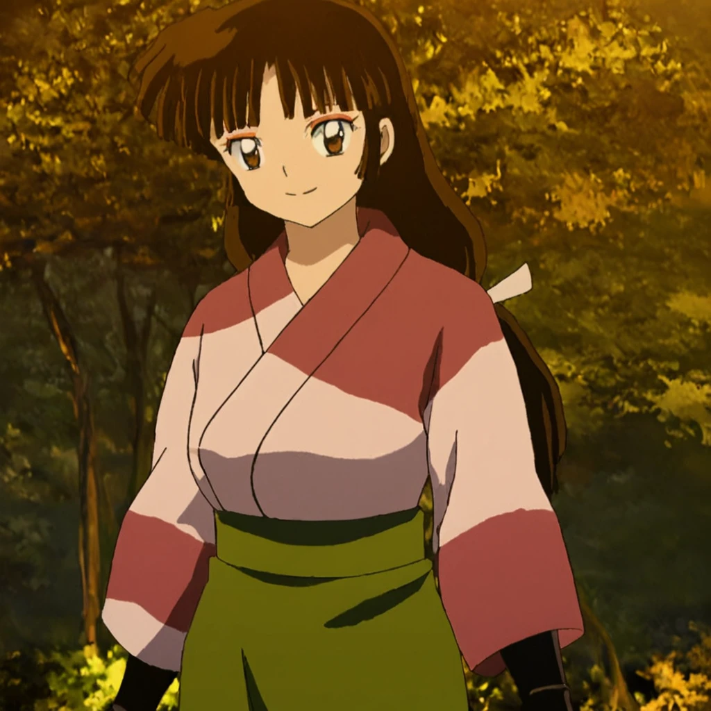 <lora:SangoV2:1> Sango, 1girl, solo, smile, blush, brown eyes, brown hair, black hair, long hair, low-tied long hair, makeup, bangs, japanese clothes, kimono, green skirt, skirt, fingerless gloves, gloves, looking at viewer, anime coloring, retro artstyle, 1990s (style)