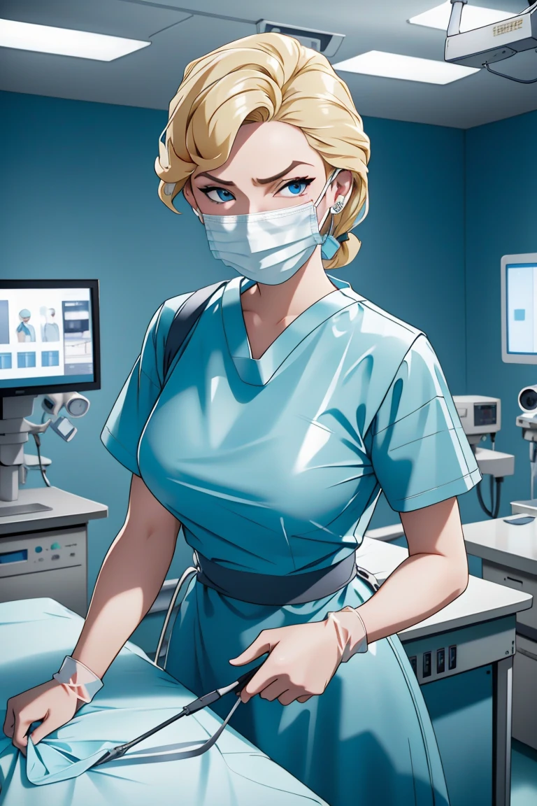 (RAW photo, best quality,facing the viewer,from front), operating room, overhead surgical light,blurred background, focused, dithering,backlighting,
 <lora:helga:0.8> helga 1girl,1girl,solo, blonde hair, makeup, blue eyes,
 <lora:Doctor_Surgical_Rubber_Unif_Alt_V2.0:0.8> doctor_surgical_rubber_alt_r, 1girl, , solo, looking at viewer, surgical mask, latex gloves,latex uniform,