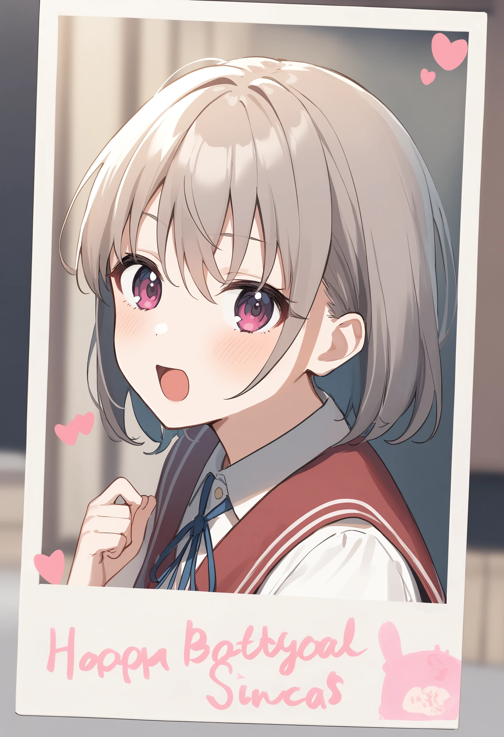 1girl,sincos, ningen mame, toosaka asagi,solo,medium breasts,school uniform,
polaroid, border, english text, character name, dated, artist name, signature,heart, twitter username,<lora:polaroid_XL_v1:0.8>
from side, portrait, looking to the side, gray hair, pink eyes,blush, wilderness, open mouth, bob cut hair,,
best quality, very aesthetic, absurdres