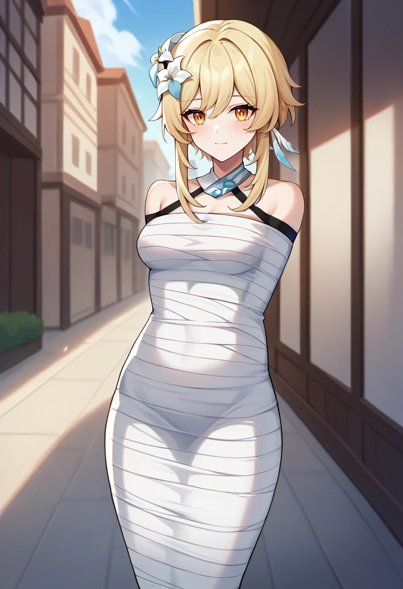 score_9,score_8_up,score_7_up,score_6_up,score_5_up,score_4_up,
lumine_(genshin_impact), genshin_impact, 1girl, blonde_hair, yellow_eyes, breasts,
solo, cowboy shot, outdoors, city, looking at viewer,
mummification \(bound\), restrained,
<lora:mummyponyxlmerge:1>