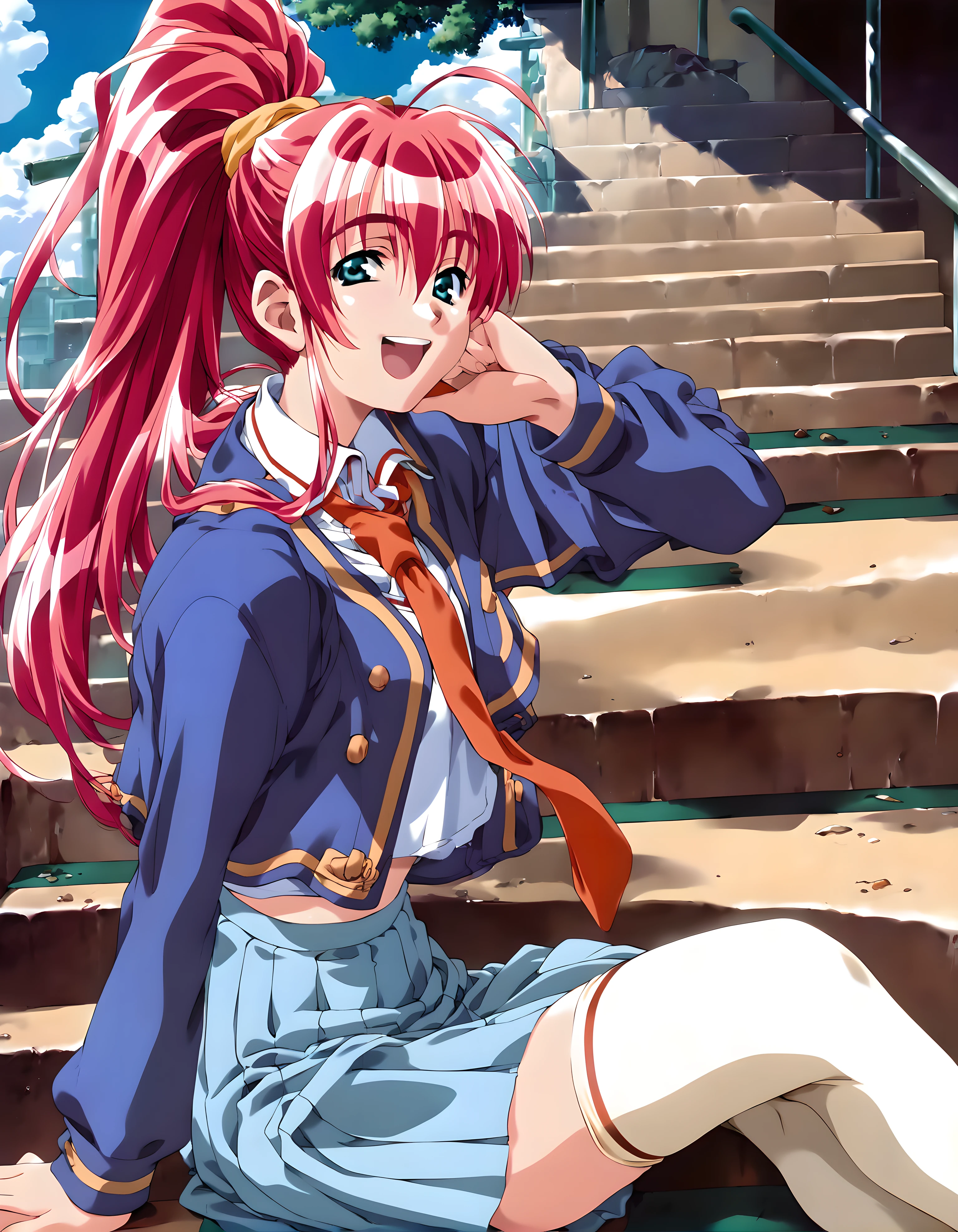 <lora:pony_xl_chitose:0.8>,chitose,score_9,score_8_up,score_7_up,source_anime,1girl,solo,ponytail,school uniform,long sleeves,white collared shirt,red necktie,light blue skirt,white thighhighs,laughing,cowboy_shot,looking_at_viewer,zettai ryouiki,day,school,stairs,sitting,