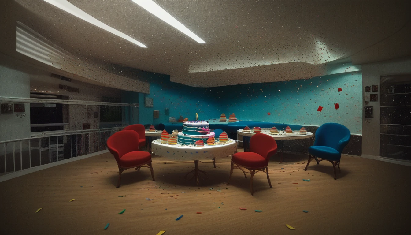 score_9, score_8_up, score_7_up, liminalspace, realistic, indoors, surreal, still life, party room, confetti, birthday, chair, table, cake <lora:background_liminalspaces_ponyXL:1>