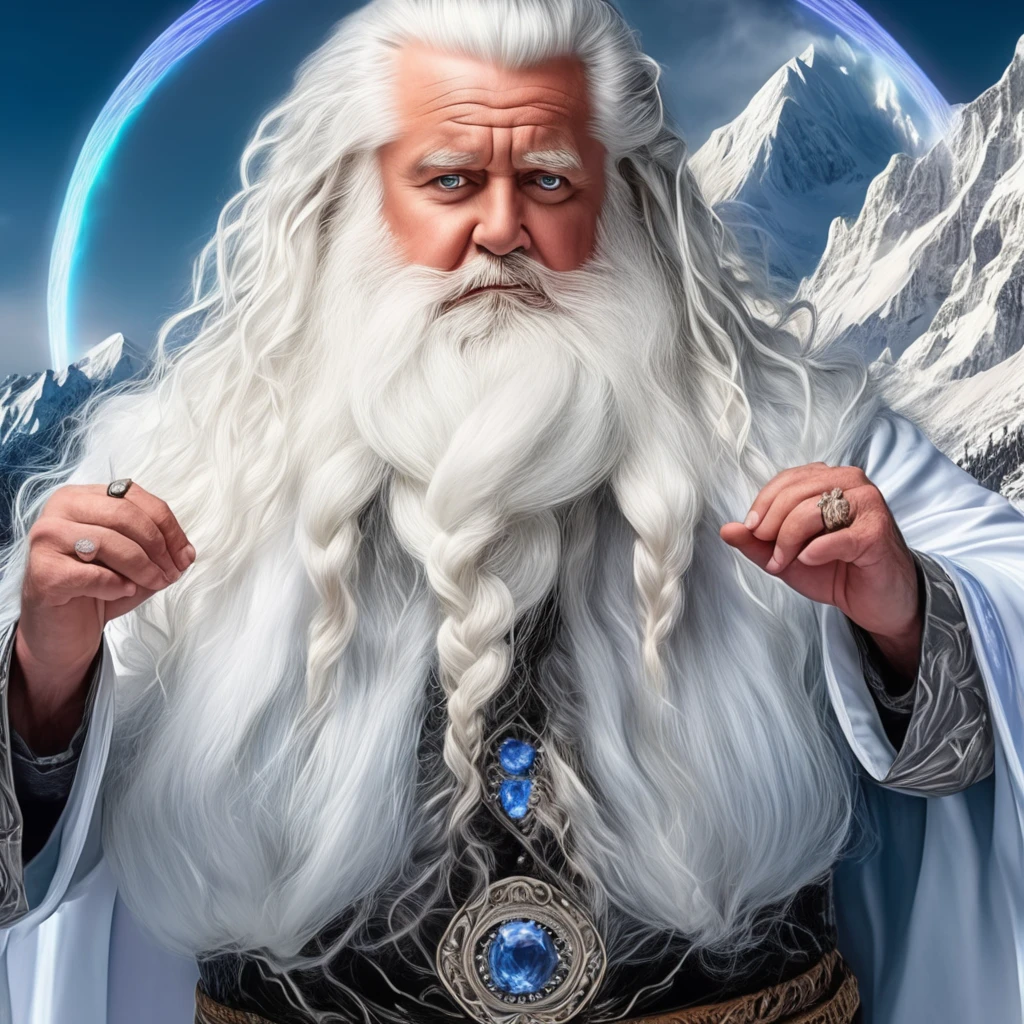 8k expansive portrait photo of an old wizard wearing silver tiara and rings with diamonds and sapphires casting a spell  ,snowy mountain top, snowstorm, lighting flash, , huge braided white beard, long wavy windswept white hair, raised arms, dramatic gesture, blue and white robes, bushy eyebrows, male focus, bara, daddybear, obese, musclebound, huge biceps, , swirling thunderclouds, dramatic lighting, hyperrealistic, detailed background <lora:Big_Braided_Beards:1> <lora:Dynamic Poses:1>